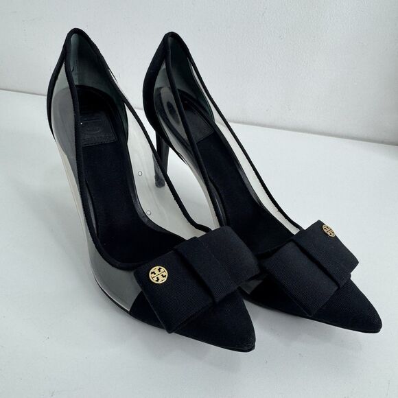 Tory Burch Black Aimee Grosgrain Fabric Pumps Heels Bow Pointed Logo Charm 7 - Picture 6 of 12